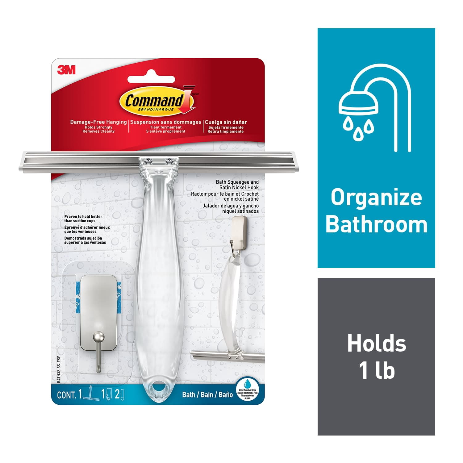 Command Shower Squeegee, Satin Nickel